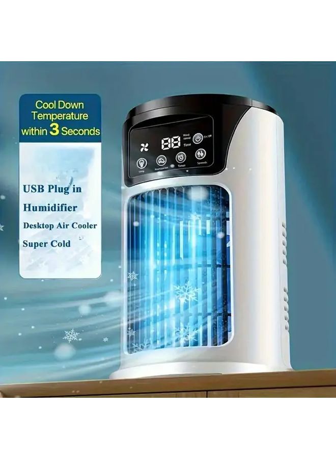 مكيف هواء أبيض محمول مع مروحة ومرطب وإضاءة جوية ومدخل USB لتبريد شخصي للمنزل والمكتب والسفر - Image 1